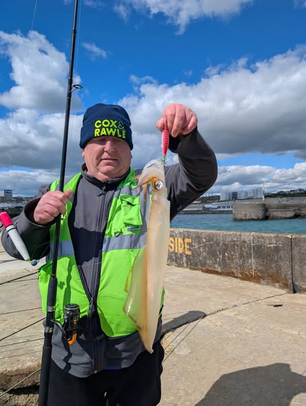 Phil aka the pieman showing off the first marina confirmed and landed squid of the year, caught on the end of the west wall 21-04-26